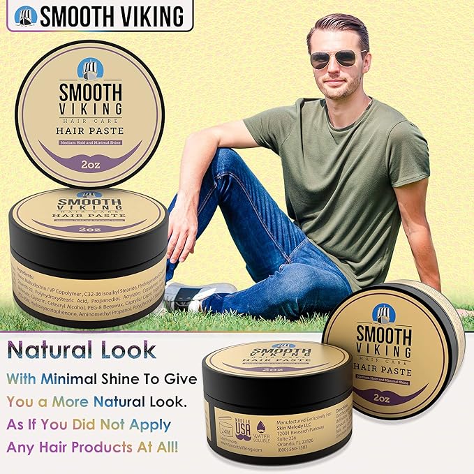 Smooth Viking Hair Paste for Men - Hair Styling Cream with Minimal Shine & Medium Hold Hair Products for Men, Hair Cream for Men, Styling Paste for Textured Messy Hairstyle - Made in USA, 2oz