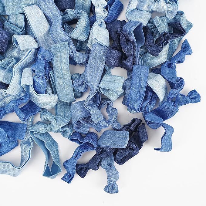 MEEDEE 100 Pack Dusty Blue Shades Hair Ties For Women No Crease Soft Elastic Ribbon No Damage Blue Color Palettes Hair Ties Knotted Ouchless Hair Ribbon Yoga Hair Ribbons Elastic Bracelets