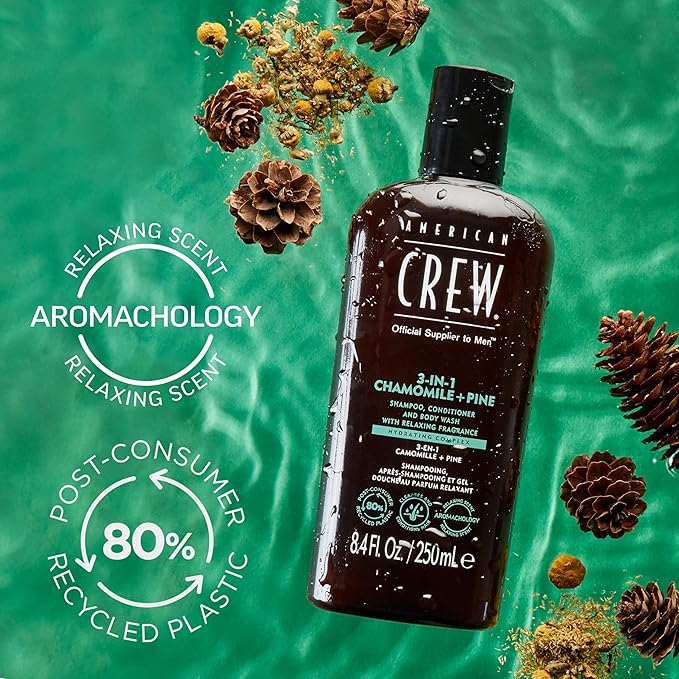 AMERICAN CREW 3-in-1 Chamomile & Pine, Shampoo, Conditioner & Body Wash for Men, Hair Care Gift for Him, Calming and Relaxing Fragrance, 8.4 fl oz
