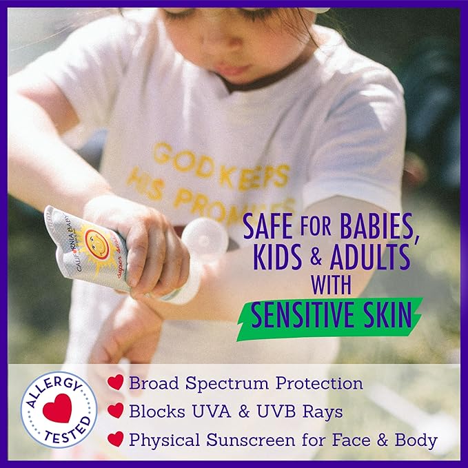 California Baby Super Sensitive SPF 30+ Sunscreen | Unscented | Mineral Based | Titanium Dioxide | Travel Size Baby Sunscreen for Face + Body | 1.8 oz