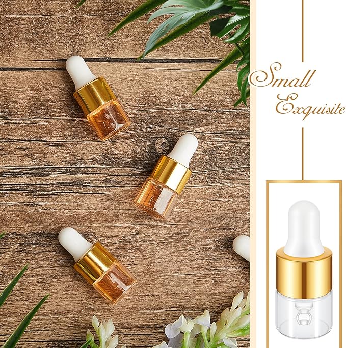 200 Pcs Mini Glass Oil Dropper Bottle Bulk, Clear Essential Small Empty Bottles Sample Containers Perfume Liquid Vials with Cap for Traveling (1 ml,Gold)