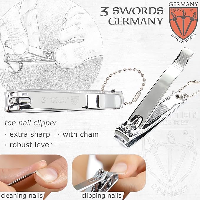 3 Swords Germany – Brand Quality fingernail & toenail Clipper, Manicure, Pedicure Nail Care by with Metal Nail File and case, Silver Color Edition