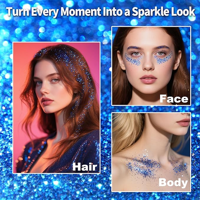 MEICOLY Royal Blue Body Glitter Stick,Hair Glitter Stick for Women,Waterproof Sparkle Chunky Face Glitter Makeup for Halloween Mardi Gras Party Rave Party Festival