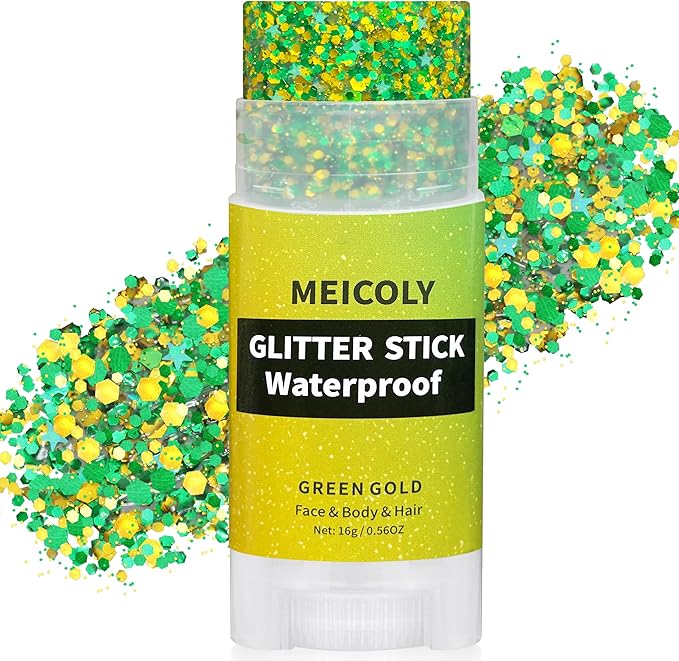 MEICOLY Gold and Green Face Glitter Stick,Hair Glitter Stick for Women,Green and Gold Spirit Wear Alien Makeup Accessories,Sparkle Body Glitter Makeup for Mardi Gras Carnival Festival Party