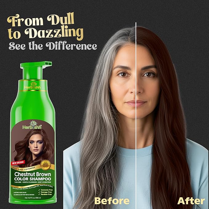 Herbishh Hair Color Shampoo for Gray Hair – Natural Hair Dye Shampoo – Colors Hair in Minutes – Lasts Up To 3-4 Weeks – 500 Ml – 3-In-1 Hair Color – Ammonia-Free | Herbishh (Chestnut Brown)