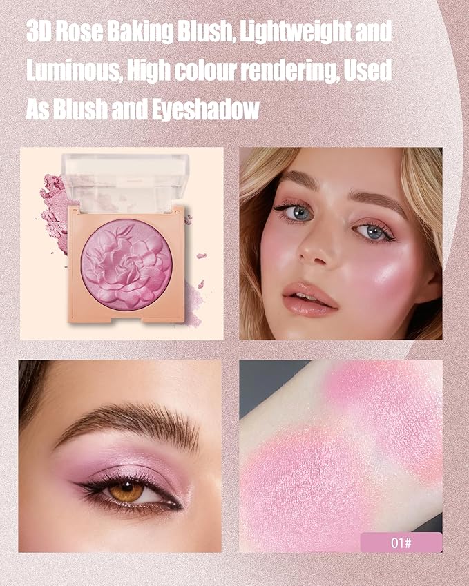 Baked Powder Blush, Lightweight Shimmery Highlight Blusher for Cheeks, Silky Smooth and Blendable Powder Blush Palette, Long-lasting All-Day Face Enhancing Makeup Color, Makeup Gift for Women Girls-01