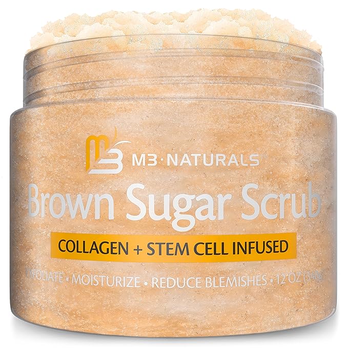 Brown Sugar Scrub Face Foot & Body Exfoliator Infused with Collagen and Stem Cell Exfoliating Salt Body Scrub for Toning Skin Cellulite Skin Care, 12oz by M3 Naturals