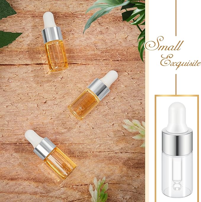 200 Pcs Mini Glass Oil Dropper Bottle Bulk, Clear Essential Small Empty Bottles Sample Containers Perfume Liquid Vials with Cap for Traveling (3 ml,Silver)