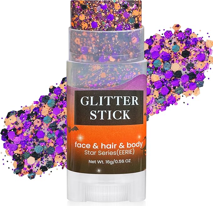 MEICOLY Black Purple and Orange Face Glitter Stick,Halloween Hair Glitter Stick for Women,Sparkle Chunky Body Glitter Makeup for Party Festival