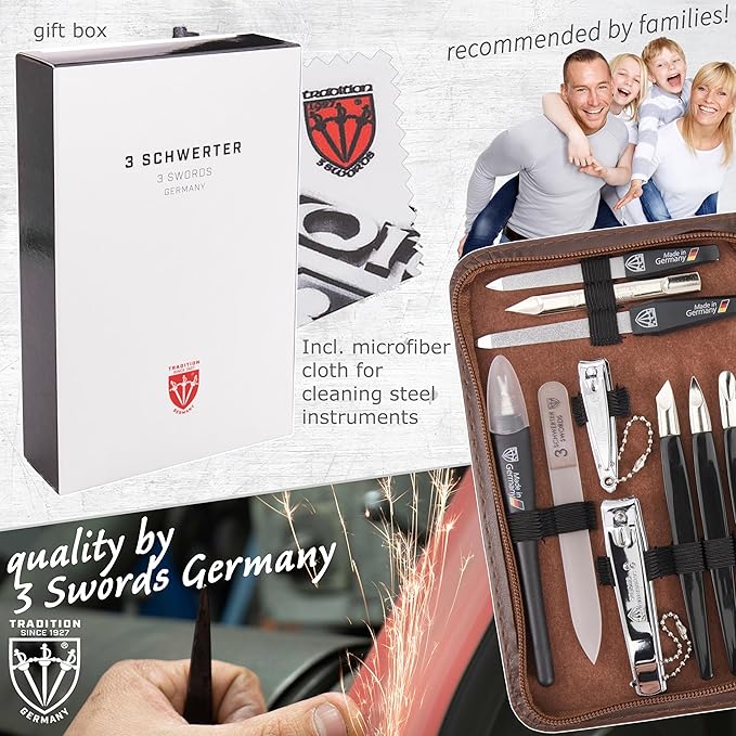 3 Swords Germany - brand quality 16 piece manicure pedicure grooming kit set for professional finger & toe nail care scissors clipper synthetic leather case, Made in Germany