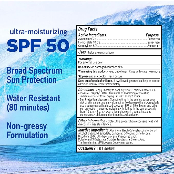 MyDerm Ultra-moisturizing SPF 50 Sport Sunscreen Lotion, Free from Octisalate, Oxybenzone, Octinoxate and Parabens, Hawaii 104 Reef Act Compliant, 128 oz (1 Gallon), Broad Spectrum UVA/UVB Protection