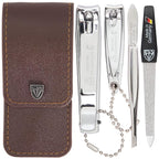 3 Swords Germany - Brand Quality 4 Piece Manicure Pedicure Grooming kit Set for Professional Finger & Toe Nail Care Tweezers File Clipper Brown Synthetic Leather case - Made by 3 Swords