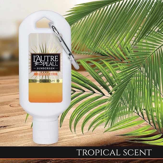 SPF 30 Sunscreen Multi-Pack by L'AUTRE PEAU | Travel Size Sunscreen for Men, Women, and Kids | Non-Greasy Water Resistant | Tropical Scent | TSA Approved | (2oz 3 pack With Carabiner Clip)
