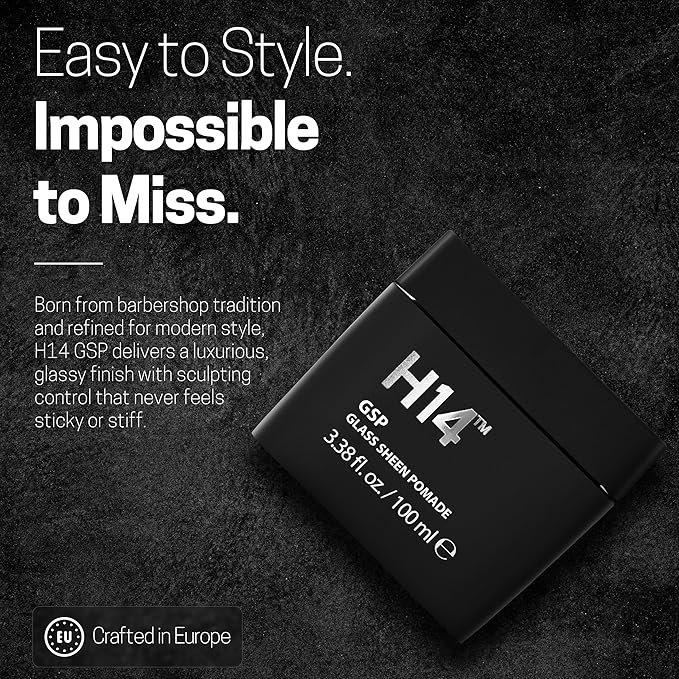 H14 Glass Sheen Pomade for Men 100 mL – Water-Based High Shine Hair Styling Product with Flexible Hold – Lightweight Paste for Texture, Slick Styles & Smooth Finish – Made in Europe